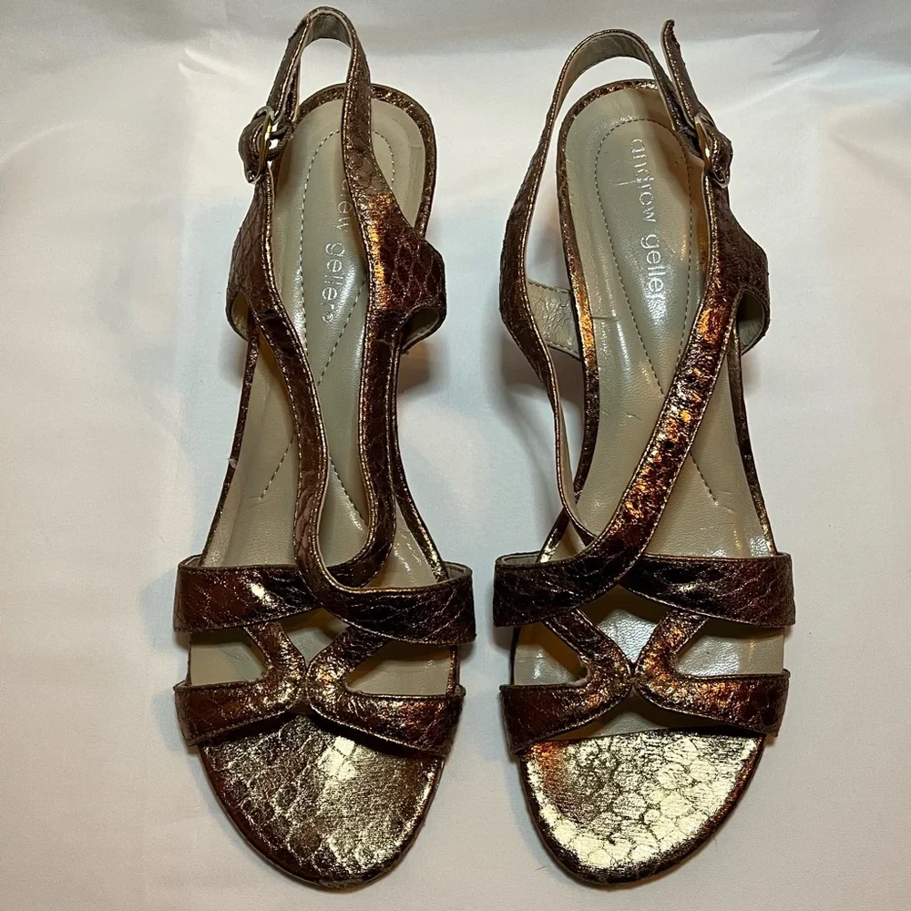 Andrew Geller Elden Metallic Bronze Wedges size 8.5 Snakeskin Print Sandals